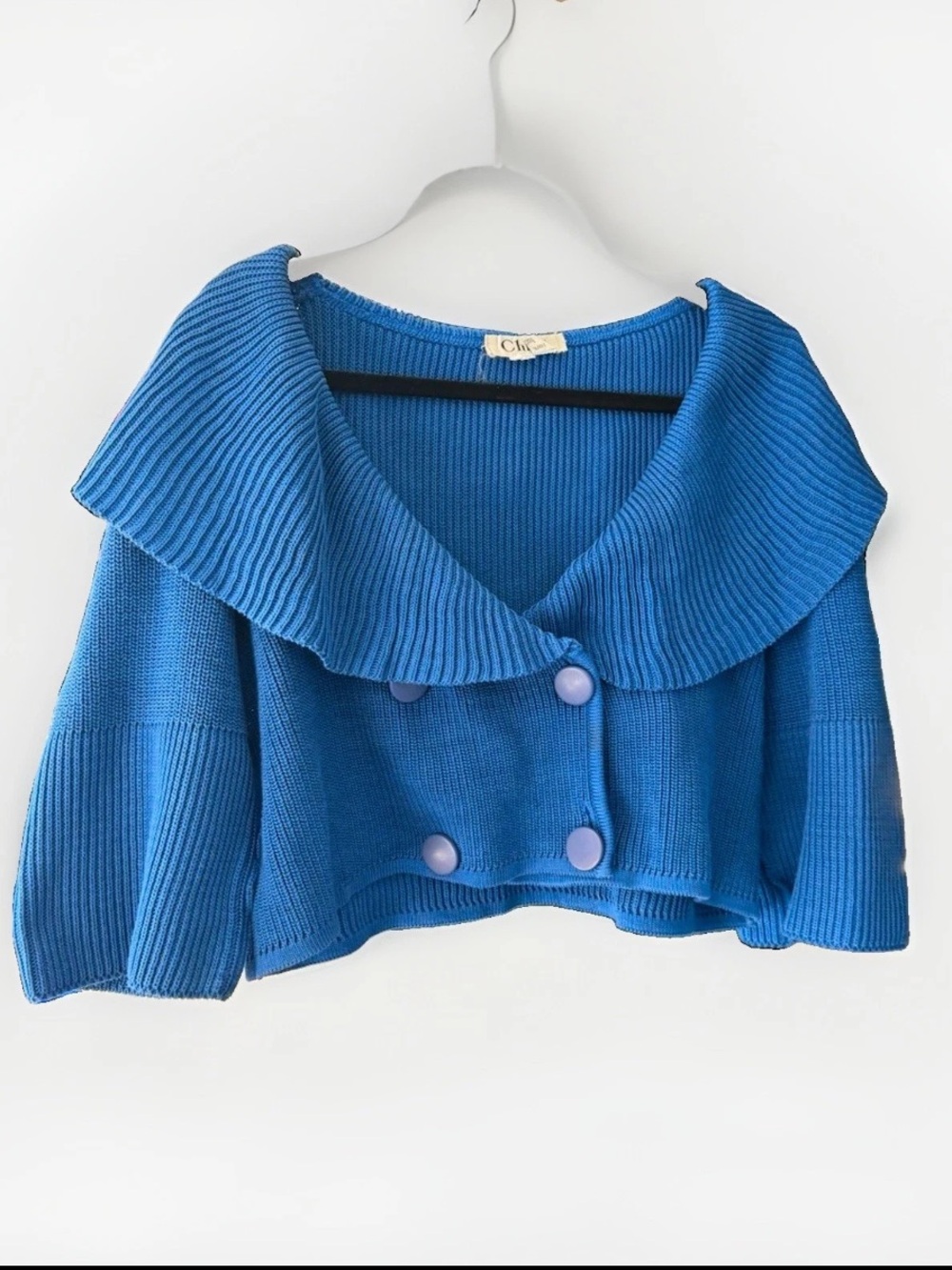 Chloe Bright Blue Cropped Ribbed Double-Breasted Knit Shrug vintage